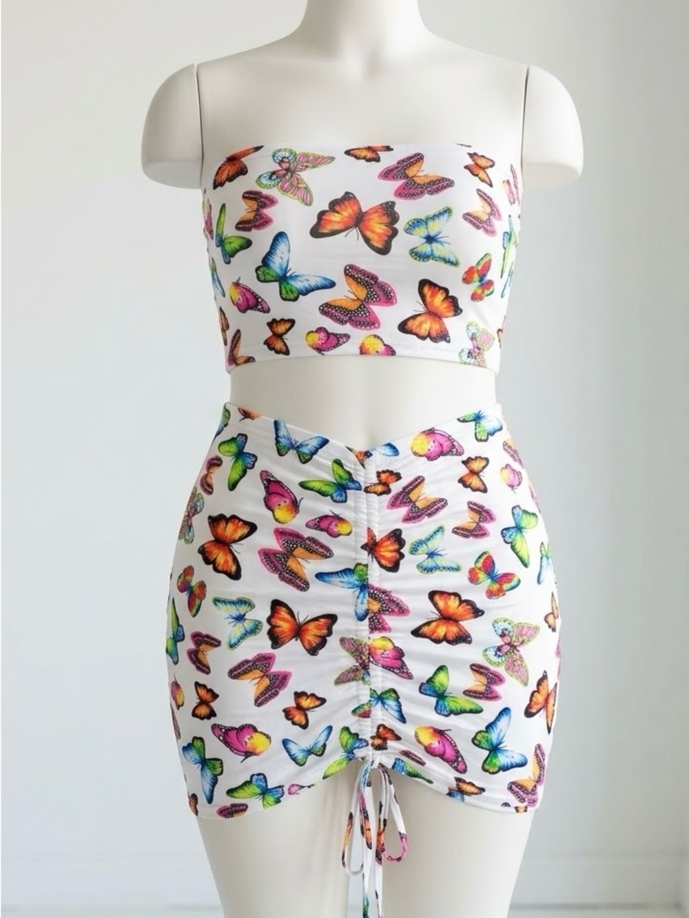 White Butterfly-Print Ruched Mini Skirt